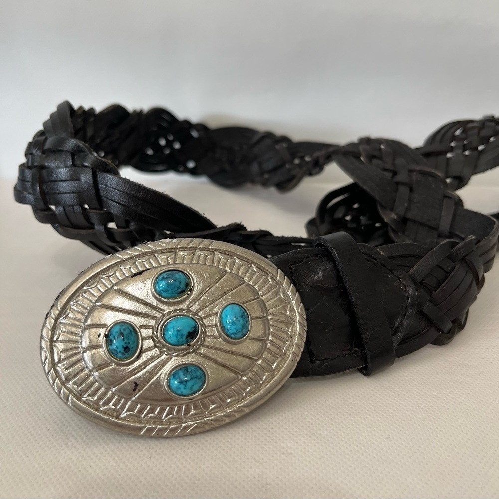 Fina Firenze Black Leather Braided Belt Silver Tone Turquoise Buckle Boho